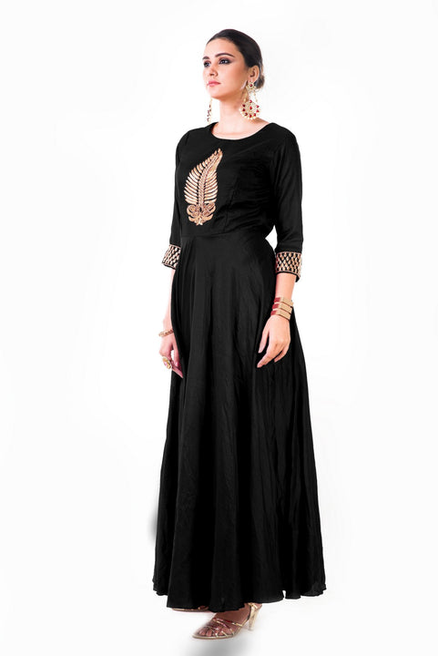 Black Leaf Hand Embroidered Silk Anarkali Gown