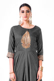 Grey Leaf Hand Embroidered Silk Anarkali Gown