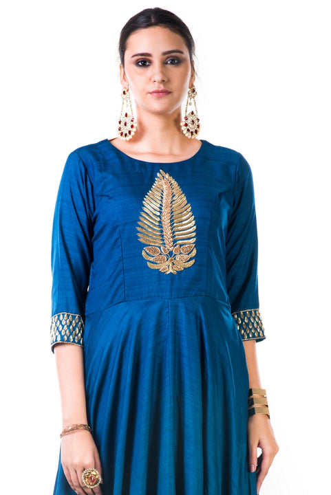 Blue Leaf Hand Embroidered Silk Anarkali Gown