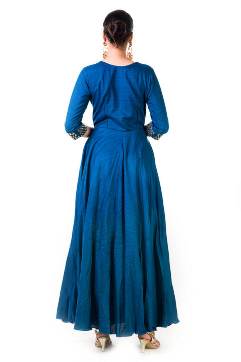 Blue Leaf Hand Embroidered Silk Anarkali Gown