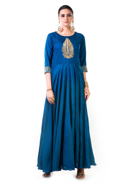 Blue Leaf Hand Embroidered Silk Anarkali Gown