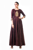 Brown Leaf Hand Embroidered Silk Anarkali Gown