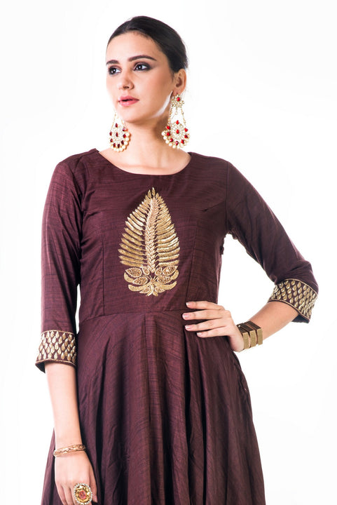 Brown Leaf Hand Embroidered Silk Anarkali Gown