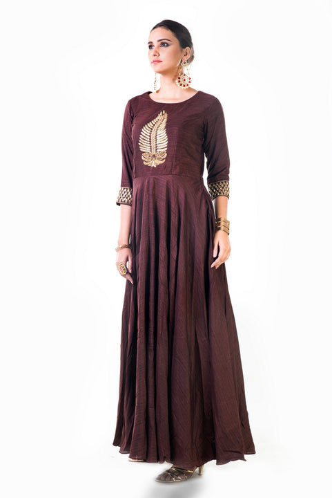 Brown Leaf Hand Embroidered Silk Anarkali Gown