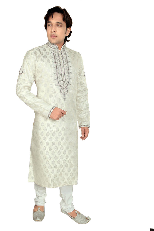 Saris and Things Beige Brocade Readymade Ethnic Indian Kurta Pajama for Men