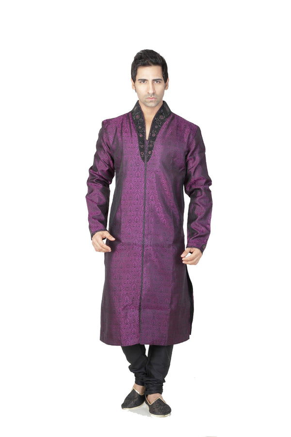 Saris and Things Black & Violet Dupioni Raw Silk Ethnic Ethnic Indian Kurta Pajama for Men