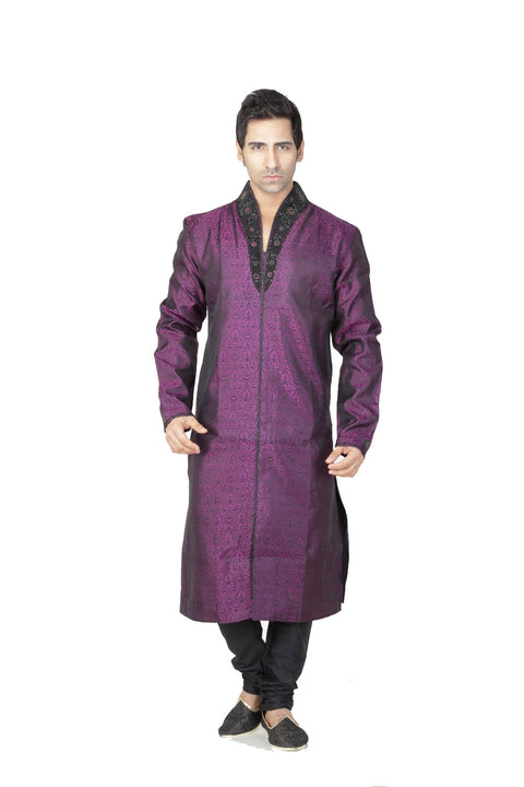 Saris and Things Black & Violet Dupioni Raw Silk Ethnic Ethnic Indian Kurta Pajama for Men