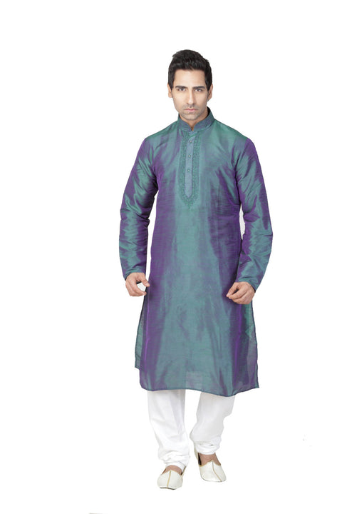 Saris and Things Blue & Violet Dupioni Raw Silk Readymade Ethnic Indian Kurta Pajama for Men