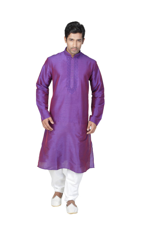 Saris and Things Violet Dupioni Raw Silk Readymade Ethnic Indian Kurta Pajama for Men