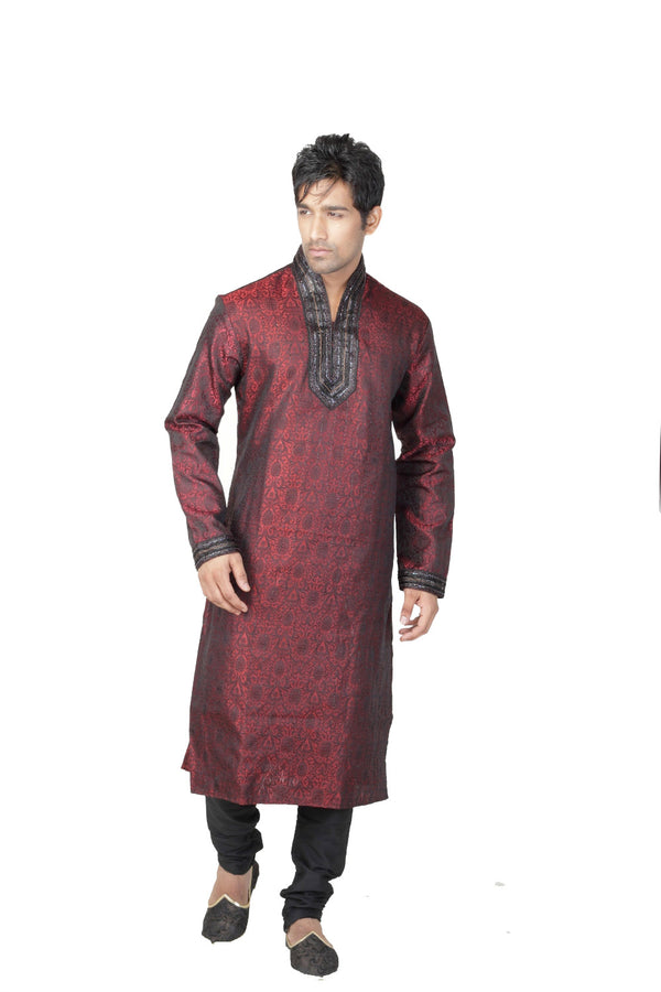 Saris and Things Maroon Dupioni Raw Silk Ethnic Ethnic Indian Kurta Pajama for Men