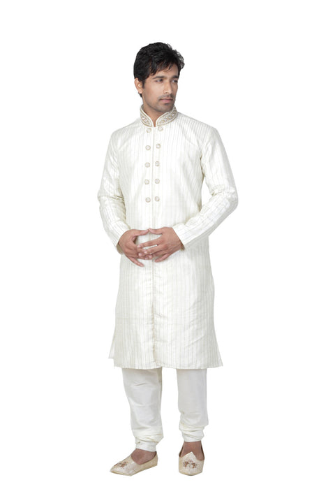 Saris and Things White Dupioni Raw Silk Readymade Ethnic Indian Kurta Pajama for Men