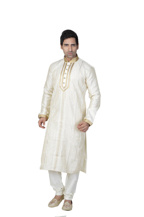 Saris and Things Off White Dupioni Raw Silk Readymade Ethnic Indian Kurta Pajama for Men