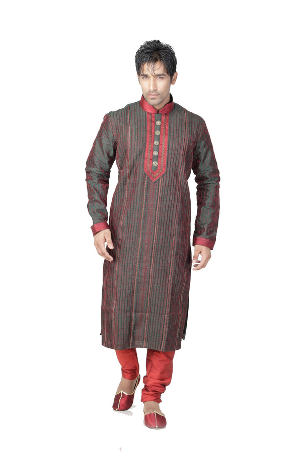 Saris and Things Brown Dupioni Raw Silk Readymade Ethnic Indian Kurta Pajama for Men