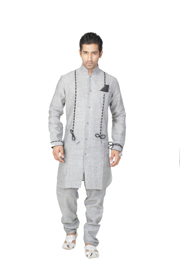 Saris and Things Gray Dupioni Raw Silk Readymade Ethnic Indian Kurta Pajama for Men
