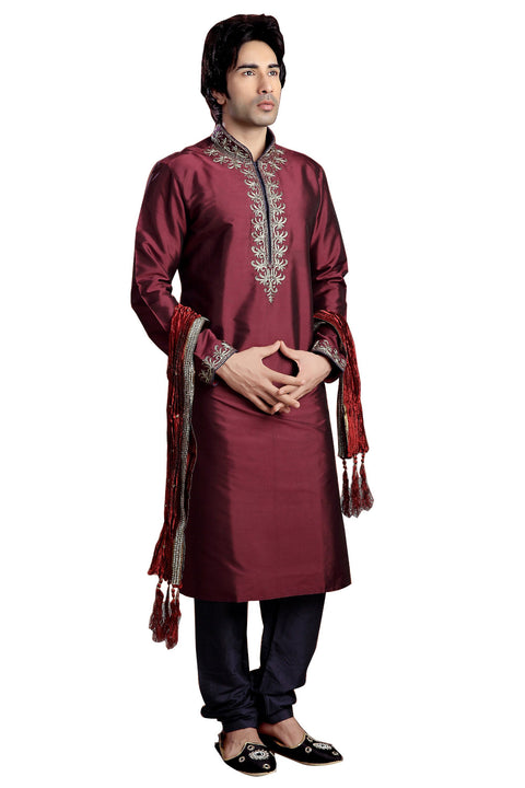 Saris and Things Maroon Shantoon Readymade Ethnic Indian Kurta Pajama for Men