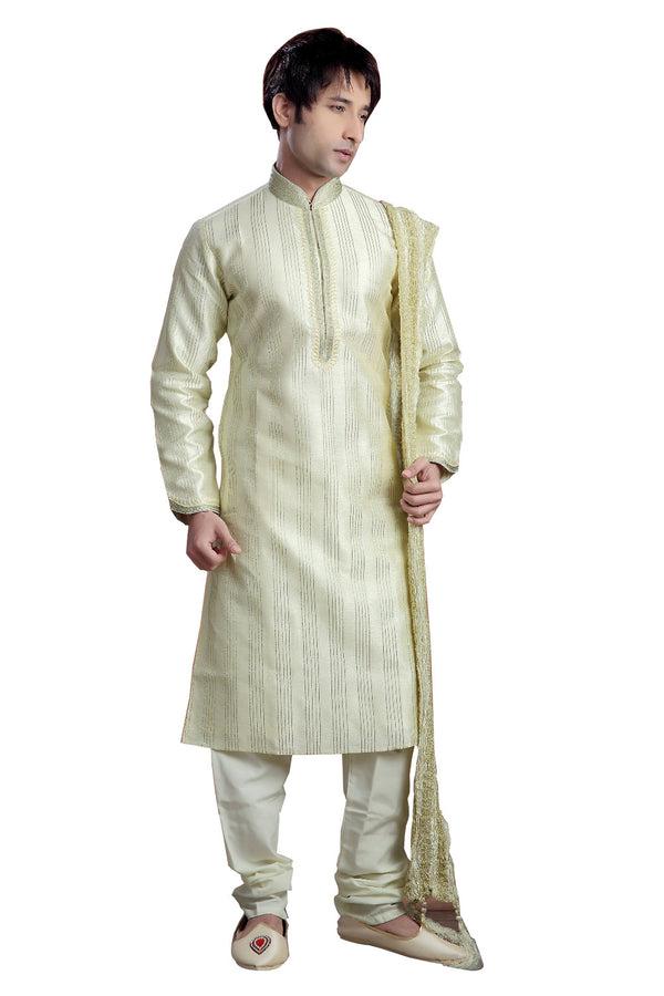 Saris and Things Cream Dupioni Raw Silk & Art Silk Readymade Ethnic Indian Kurta Pajama for Men