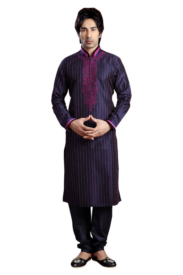 Saris and Things Blue Art Silk & Dupioni Raw Silk Readymade Ethnic Indian Kurta Pajama for Men