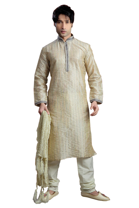 Saris and Things Beige Jacquard Readymade Ethnic Indian Kurta Pajama for Men
