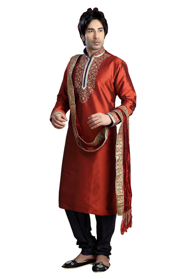 Saris and Things Red Shantoon Readymade Ethnic Indian Kurta Pajama for Men