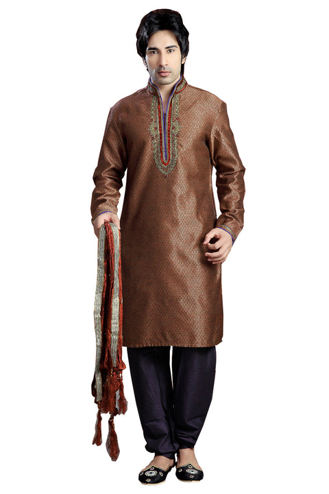 Saris and Things Brown Jacquard Readymade Ethnic Indian Kurta Pajama for Men