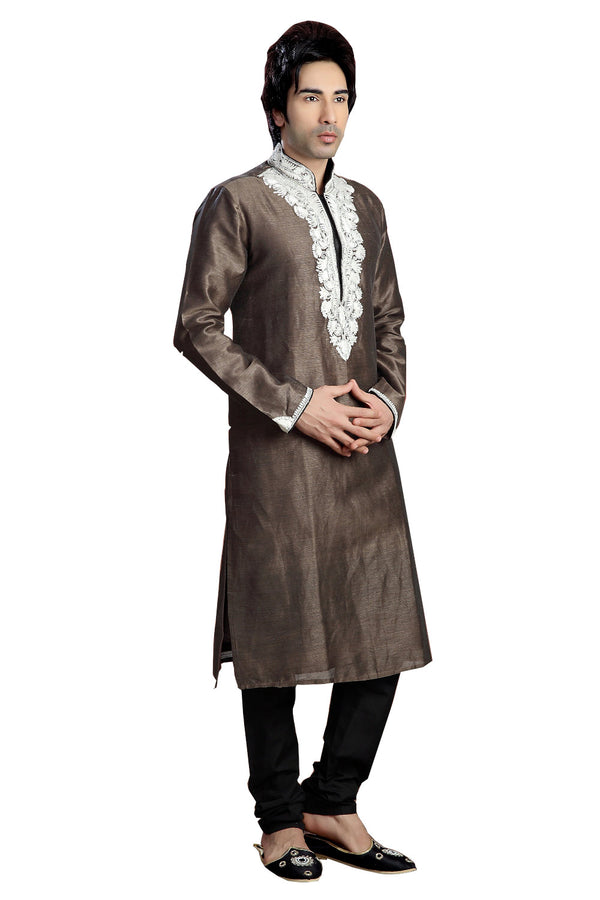 Saris and Things Brown Jacquard Readymade Ethnic Indian Kurta Pajama for Men