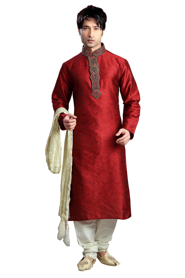 Saris and Things Maroon Jacquard Readymade Ethnic Indian Kurta Pajama for Men