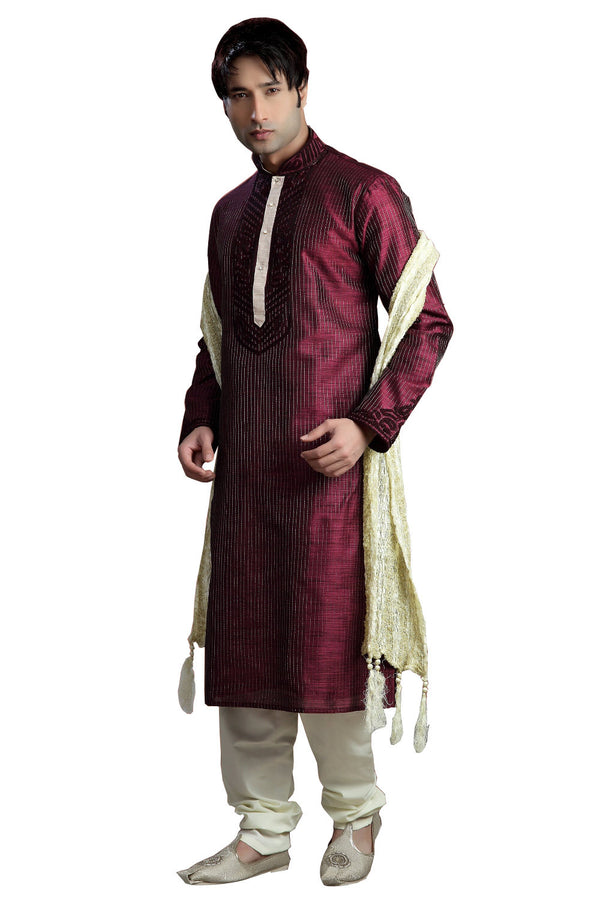 Saris and Things Violet Jacquard Readymade Ethnic Indian Kurta Pajama for Men
