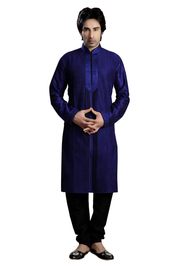 Saris and Things Blue Dupioni Raw Silk & Art Silk Readymade Ethnic Indian Kurta Pajama for Men