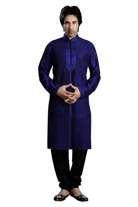 Saris and Things Blue Dupioni Raw Silk & Art Silk Readymade Ethnic Indian Kurta Pajama for Men