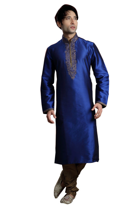 Saris and Things Blue Jacquard Readymade Ethnic Indian Kurta Pajama for Men