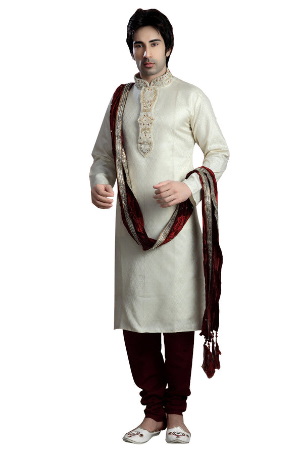 Saris and Things White Cream Jacquard Readymade Ethnic Indian Kurta Pajama for Men