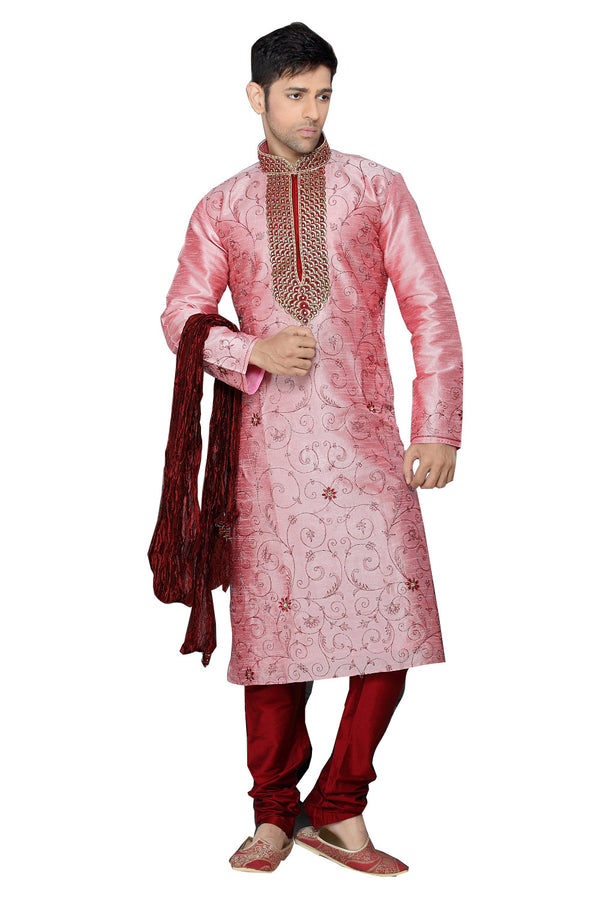 Saris and Things Pink Jacquard Readymade Ethnic Indian Kurta Pajama for Men