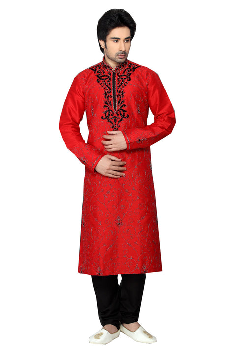 Saris and Things Red Dupioni Raw Silk Readymade Ethnic Indian Kurta Pajama for Men