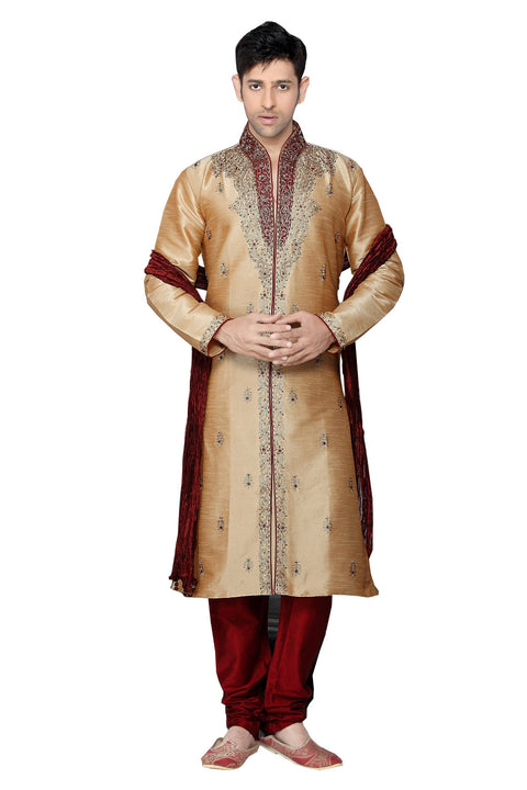 Saris and Things Beige Dupioni Raw Silk Readymade Ethnic Indian Kurta Pajama for Men