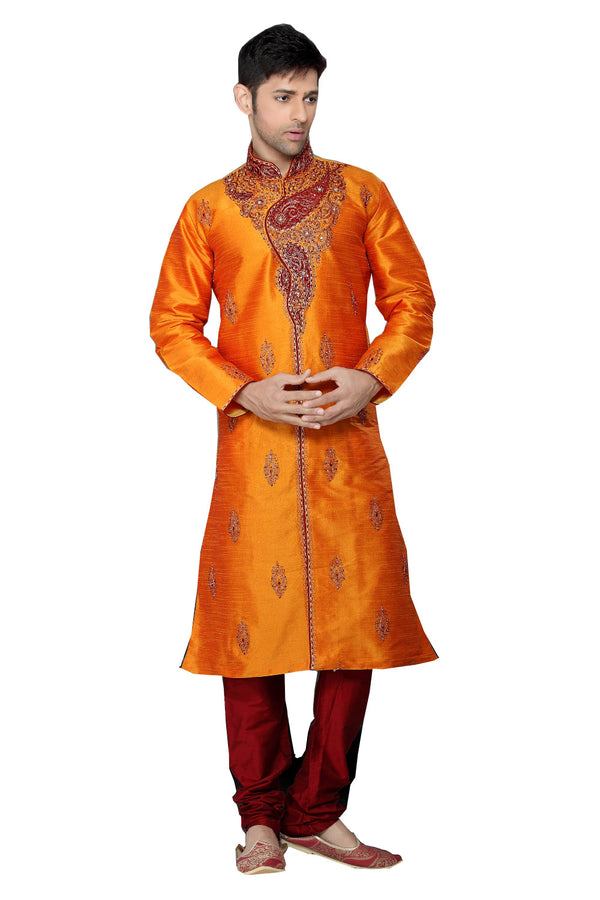 Saris and Things Orange Dupioni Raw Silk Readymade Ethnic Indian Kurta Pajama for Men