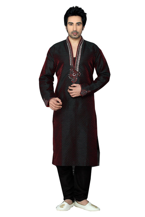 Saris and Things Maroon Jacquard Readymade Ethnic Indian Kurta Pajama for Men
