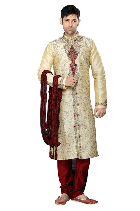 Saris and Things Cream Dupioni Raw Silk Readymade Ethnic Indian Kurta Pajama for Men