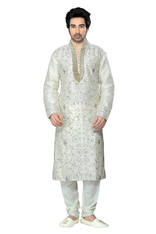 Saris and Things White Dupioni Raw Silk Readymade Ethnic Indian Kurta Pajama for Men