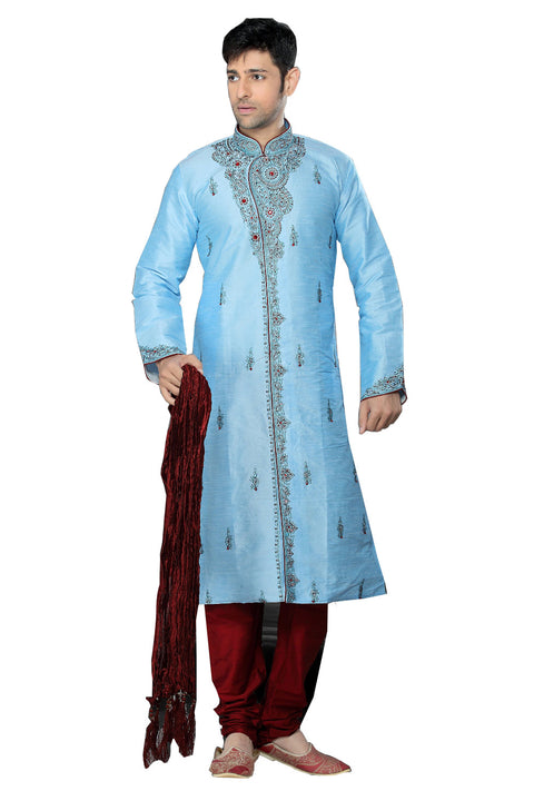 Saris and Things Blue Dupioni Raw Silk Readymade Ethnic Indian Kurta Pajama for Men