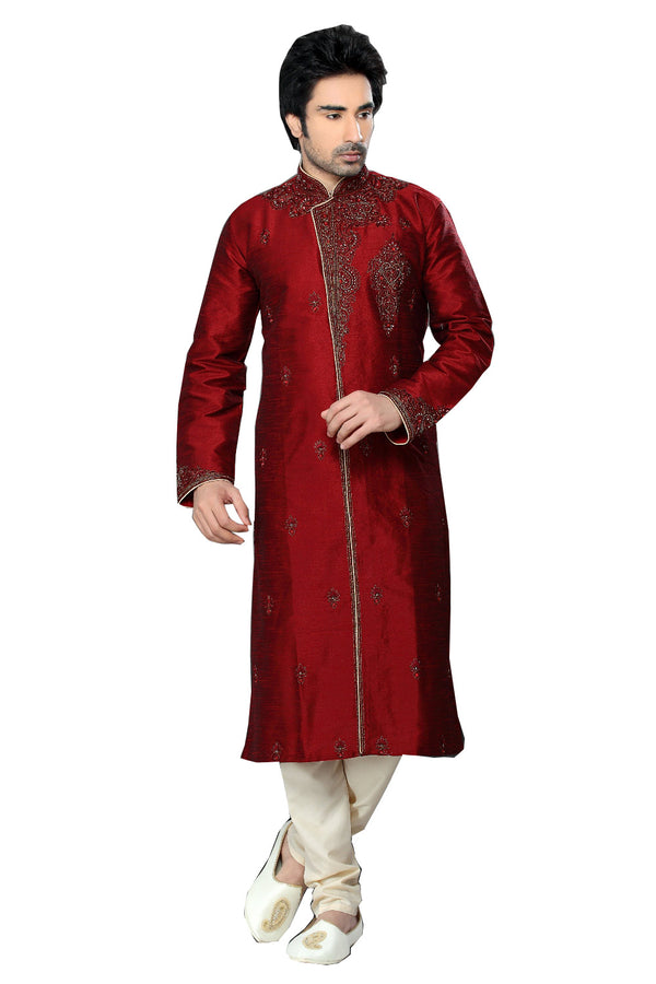 Saris and Things Maroon Dupioni Raw Silk Readymade Ethnic Indian Kurta Pajama for Men