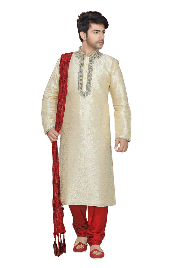 Saris and Things Cream Dupioni Raw Silk Readymade Ethnic Indian Kurta Pajama for Men