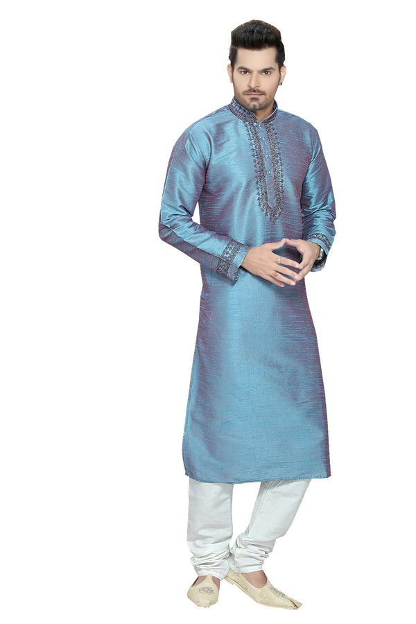 Saris and Things Blue Dupioni Raw Silk Readymade Ethnic Indian Kurta Pajama for Men