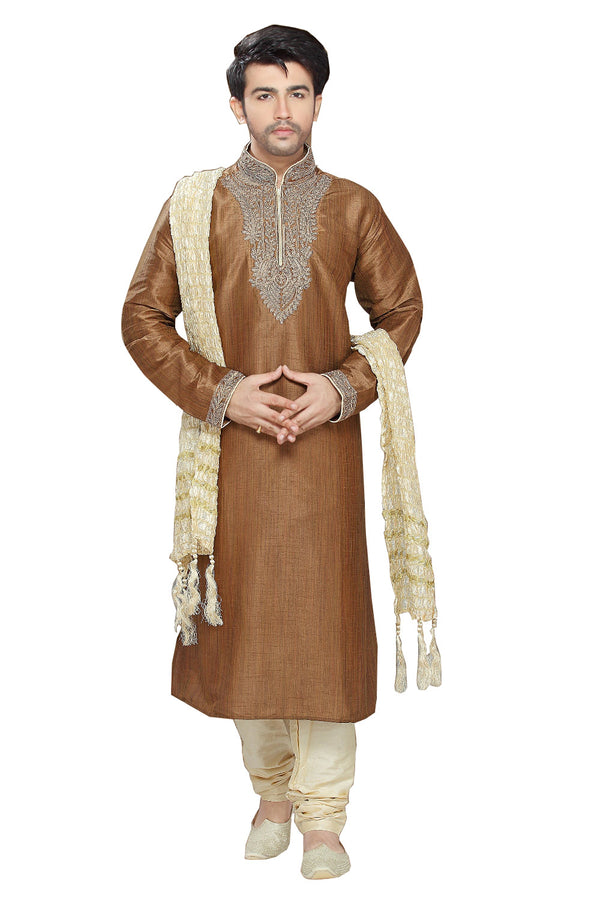 Saris and Things Brown Art Silk Readymade Ethnic Indian Kurta Pajama for Men