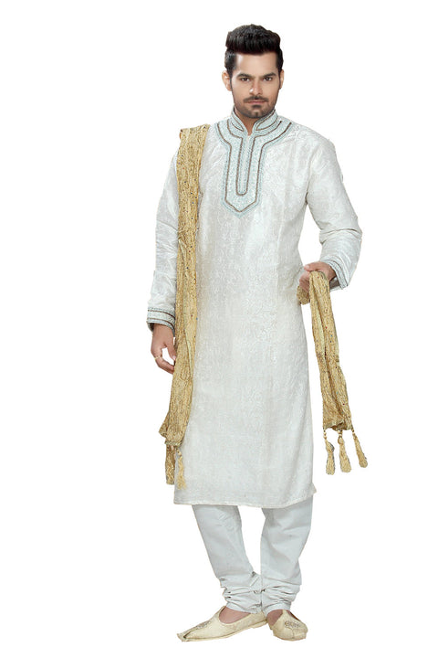 Saris and Things White Art Silk Readymade Ethnic Indian Kurta Pajama for Men