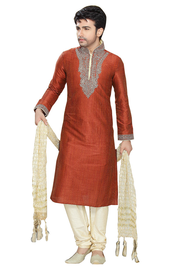 Saris and Things Orange Art Silk Readymade Ethnic Indian Kurta Pajama for Men