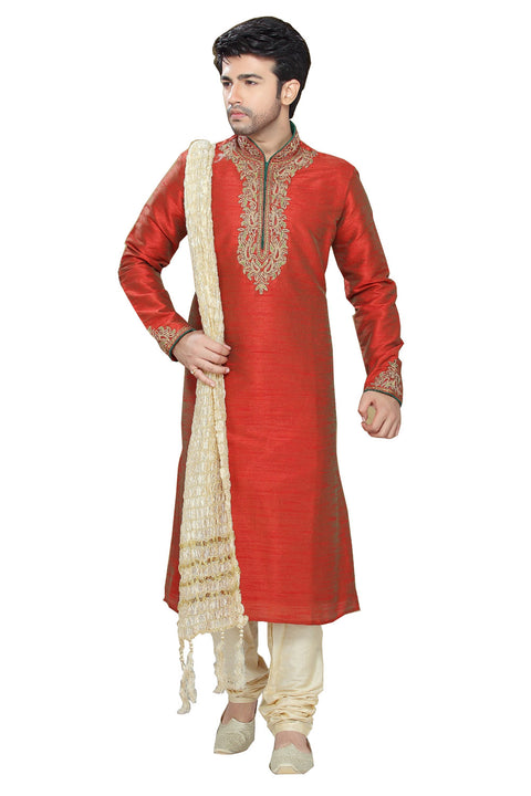 Saris and Things Red Art Silk Readymade Ethnic Indian Kurta Pajama for Men