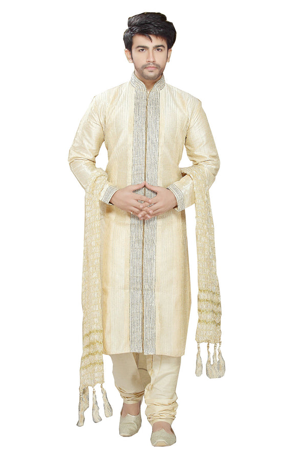 Saris and Things Cream Art Silk Readymade Ethnic Indian Kurta Pajama for Men