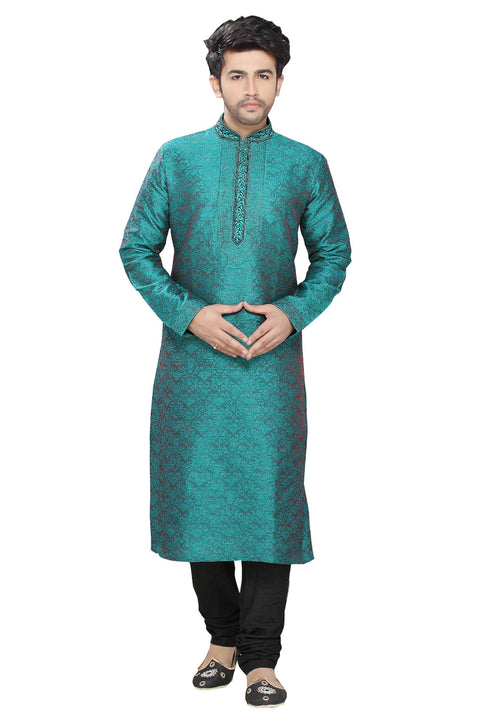 Saris and Things Blue Jacquard Readymade Ethnic Indian Kurta Pajama for Men