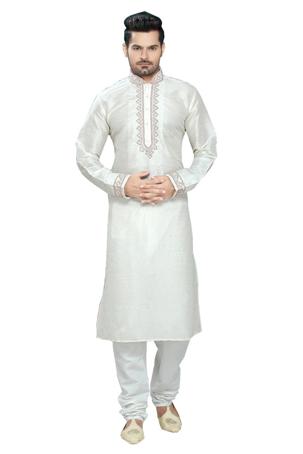 Saris and Things White Art Silk & Jacquard Readymade Ethnic Indian Kurta Pajama for Men