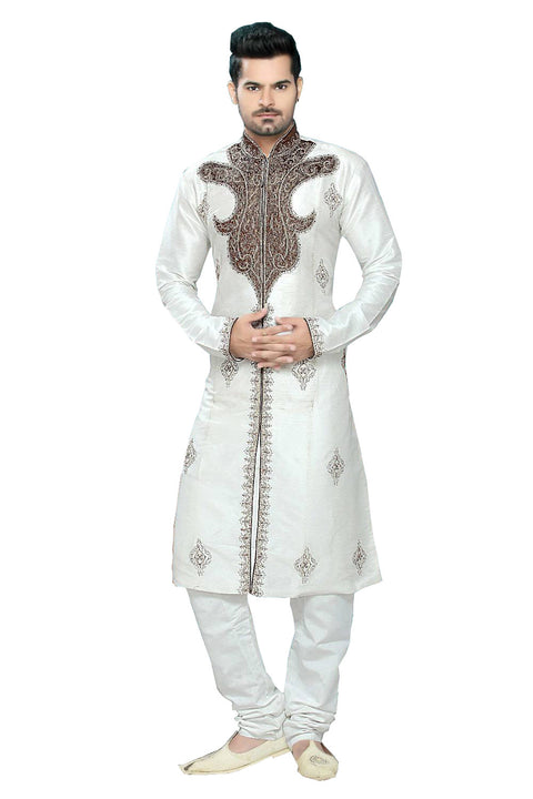 Saris and Things White Art Silk Readymade Ethnic Indian Kurta Pajama for Men